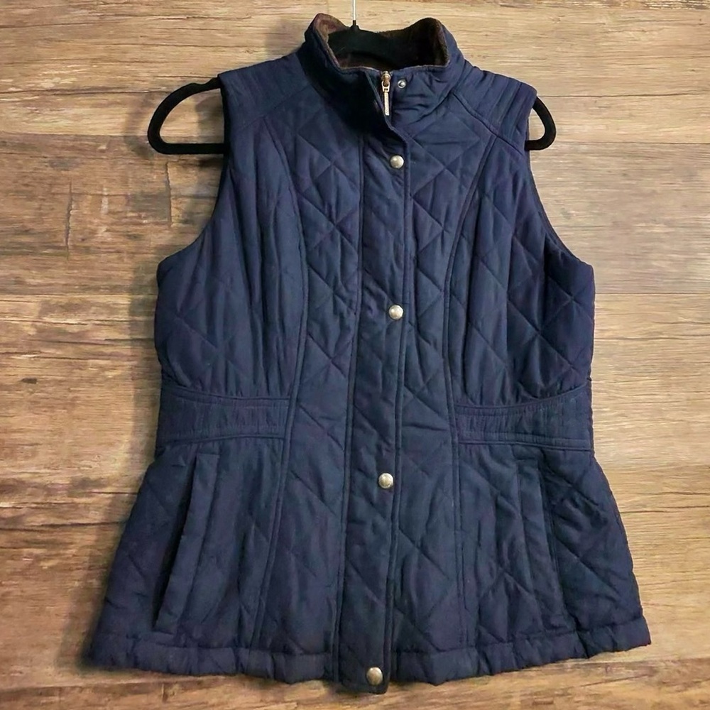 Weatherproof Navy Blue Mock Neck Sleeveless‎ Vest with Brown Fleece